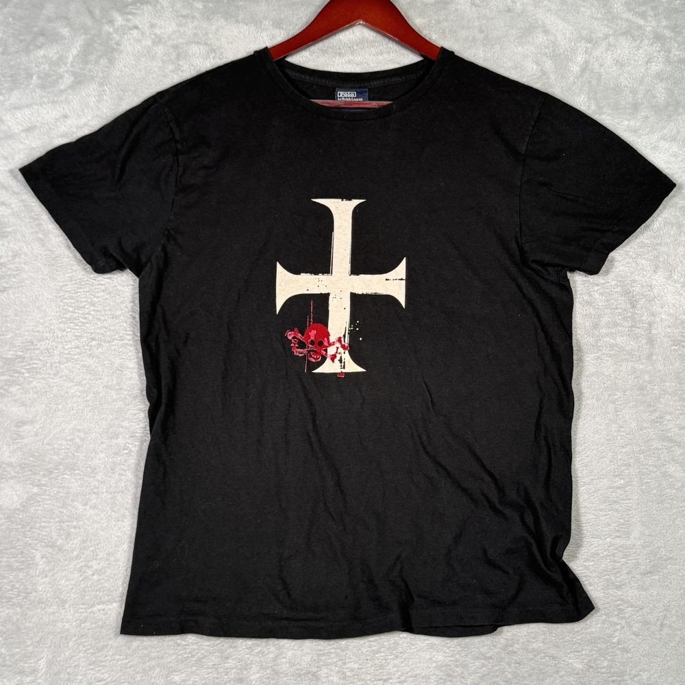 Vintage Polo Ralph Lauren Shirt Mens Medium‎ Black Cross Skull Graphic Tee RARE